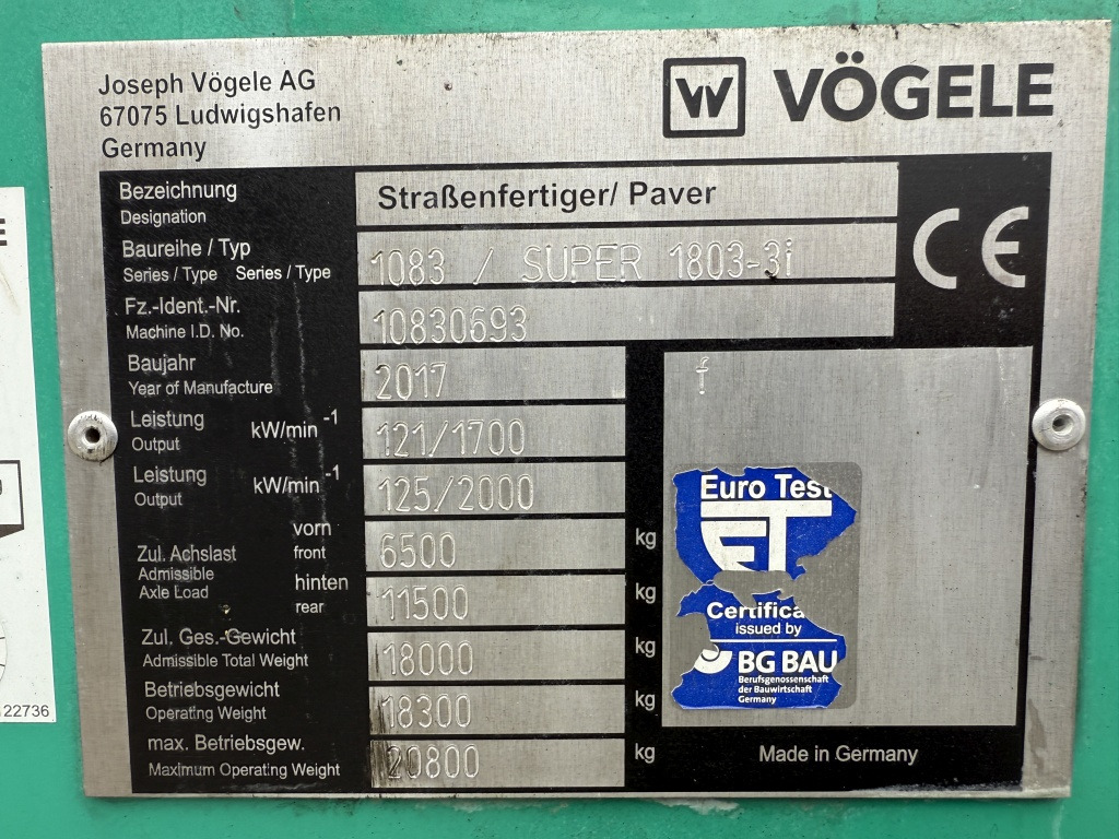 راصف أسفلت Vögele Super 1803-3i (111717): صورة 9 راصف أسفلت Vögele Super 1803-3i (111717): صورة 9