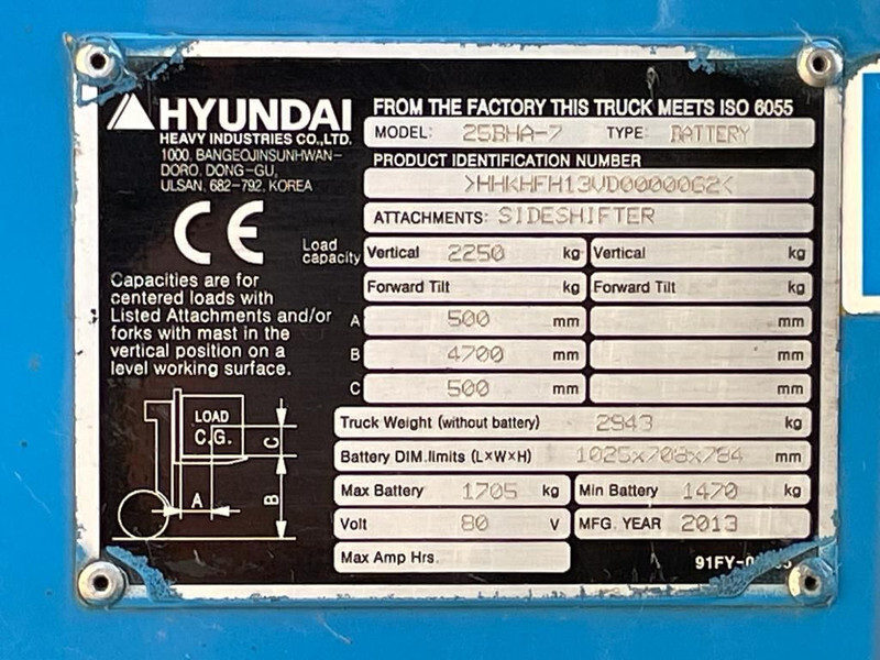 Hyundai 25BHA-7 2.5 ton Triplex Freelift Sideshift Elektra Heftruck - رافعة شوكية كهربائية: صورة 3 Hyundai 25BHA-7 2.5 ton Triplex Freelift Sideshift Elektra Heftruck - رافعة شوكية كهربائية: صورة 3