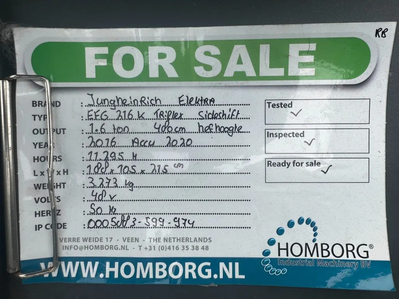 رافعة شوكية Jungheinrich EFG 216K 1.6 ton Triplex Freelift Sideshift Elektra Heftruck Accu 2020: صورة 18 رافعة شوكية Jungheinrich EFG 216K 1.6 ton Triplex Freelift Sideshift Elektra Heftruck Accu 2020: صورة 18