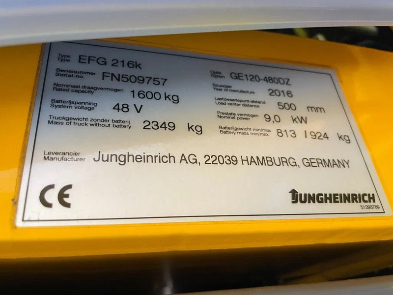 رافعة شوكية Jungheinrich EFG 216K 1.6 ton Triplex Freelift Sideshift Elektra Heftruck Accu 2020: صورة 16 رافعة شوكية Jungheinrich EFG 216K 1.6 ton Triplex Freelift Sideshift Elektra Heftruck Accu 2020: صورة 16